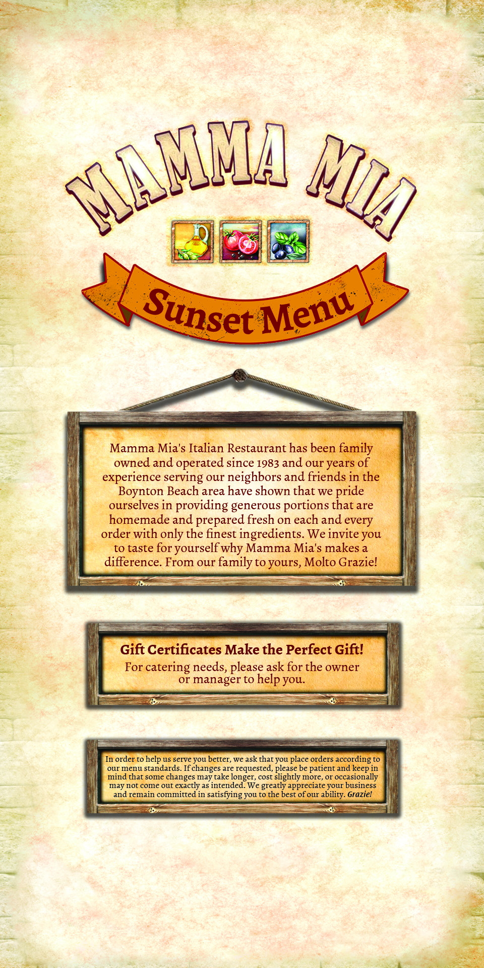 Sunset Menu Mamma Mia Italian Restaurant Pizzeria Of Boynton Beach